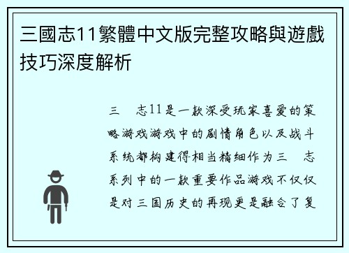 三國志11繁體中文版完整攻略與遊戲技巧深度解析